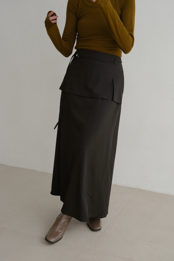 附繫帶假兩件式長裙(黑) 