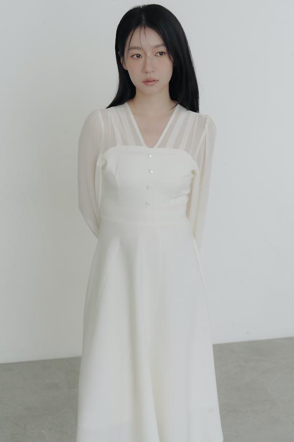 V領雪紡透膚長洋裝(白) 