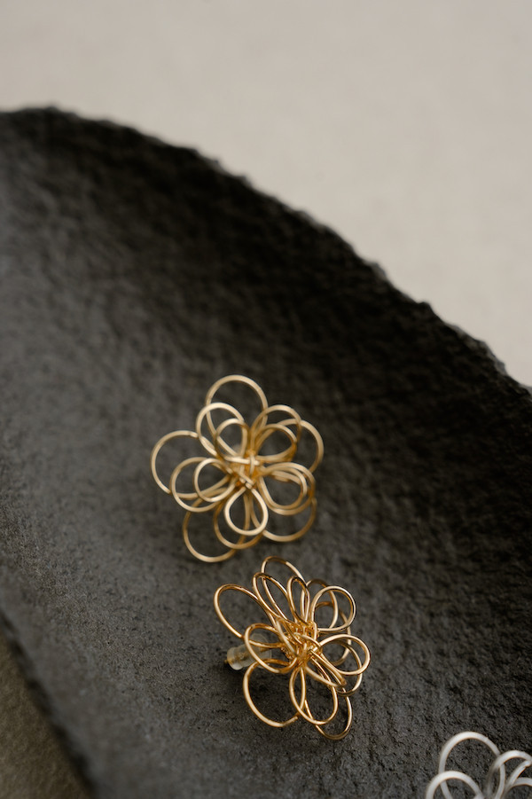 線條花朵設計耳針(金) 