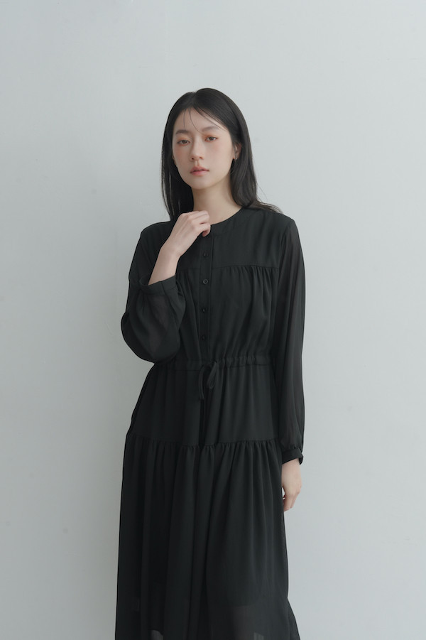 腰部抽繩雪紡長洋裝(黑) 