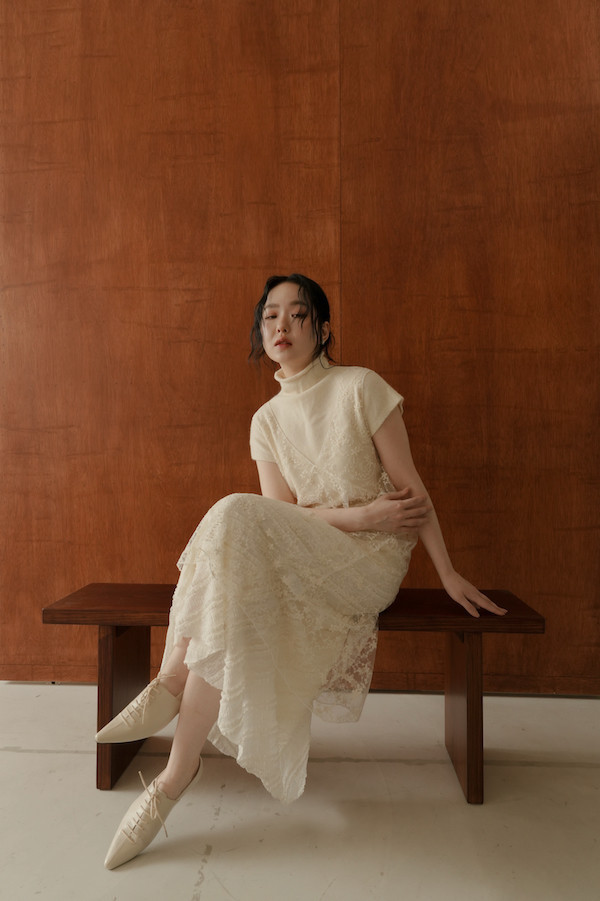 斜紋蕾絲小魚尾長裙(白) 