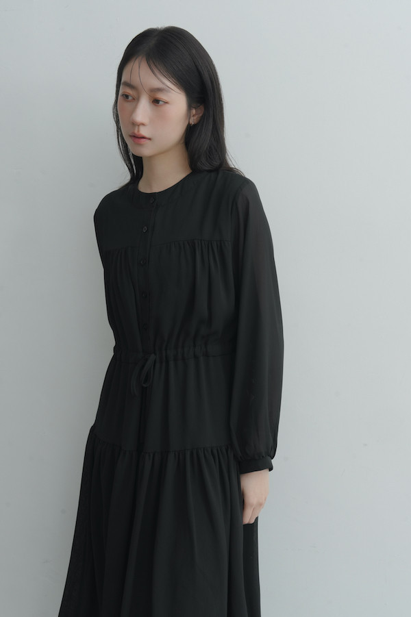 腰部抽繩雪紡長洋裝(黑) 