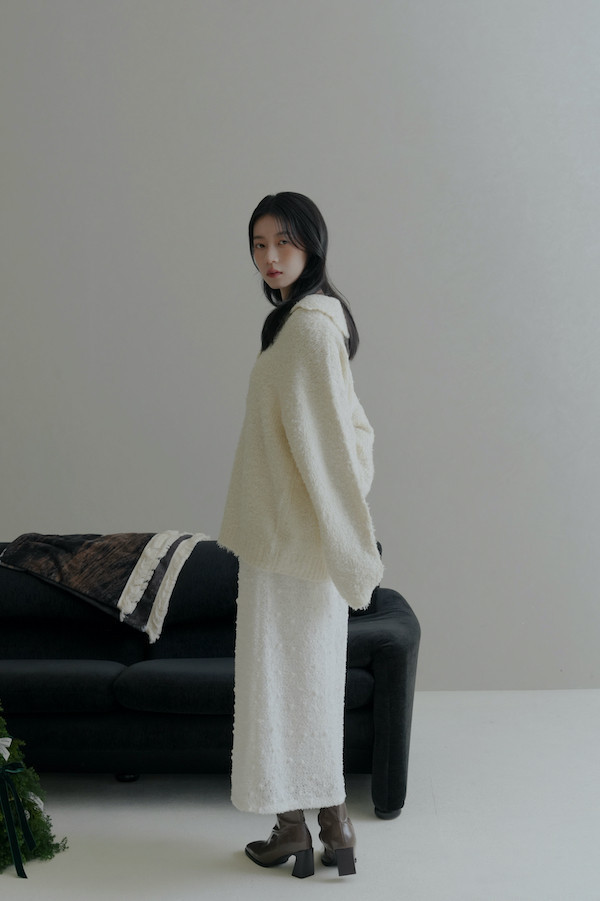 翻領線圈針織上衣(白) 