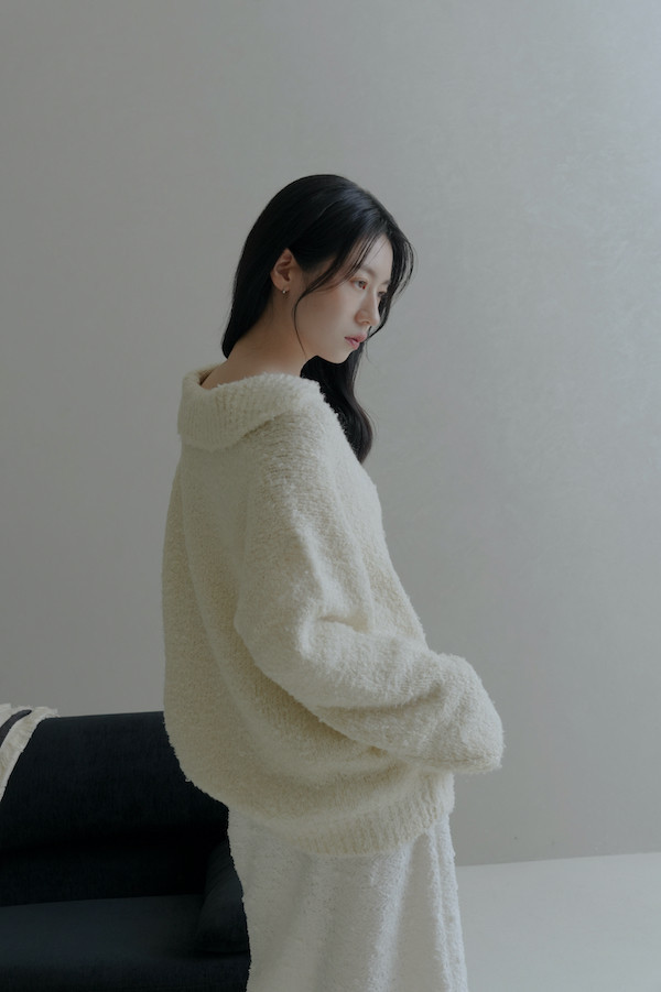 翻領線圈針織上衣(白) 