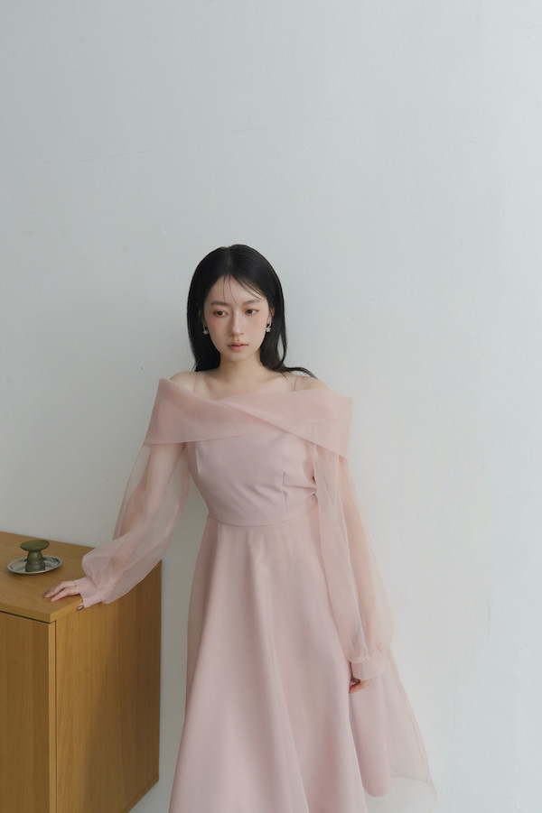 翻領卡肩透紗長洋裝(粉) 