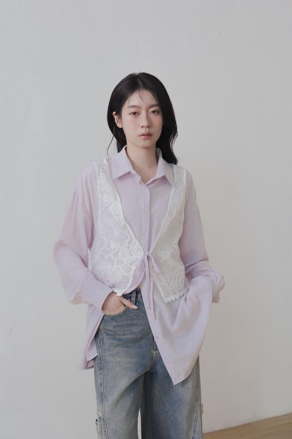 快閃-拼接蕾絲背心日感襯衫(淺紫) 
