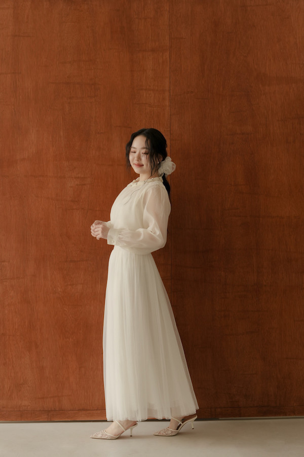 韓國三層網紗長裙(白) 