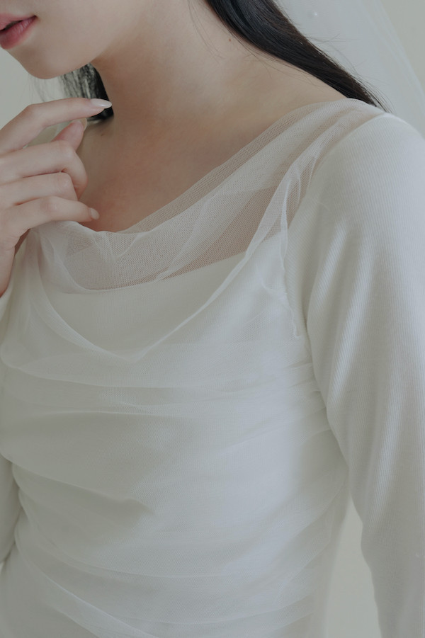 垂領抓褶網紗長洋裝(白) 