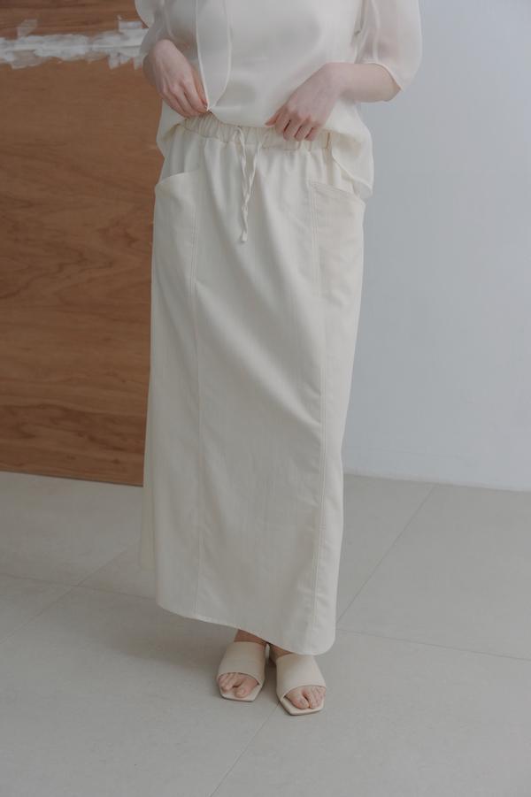 口袋設計A字牛仔裙(米白) 