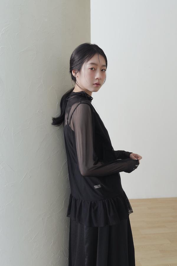 快閃-高密度網紗透肌感上衣(黑) 