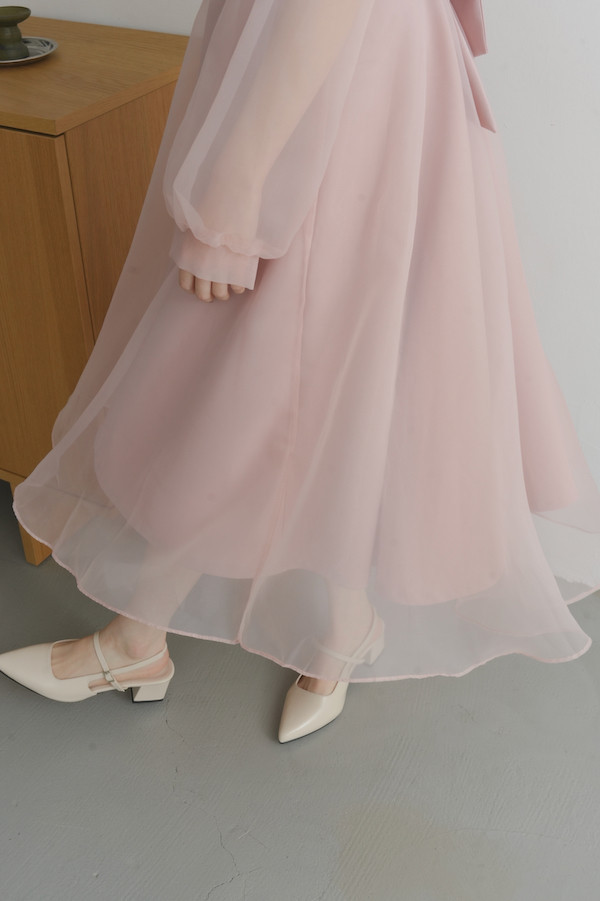 翻領卡肩透紗長洋裝(粉) 