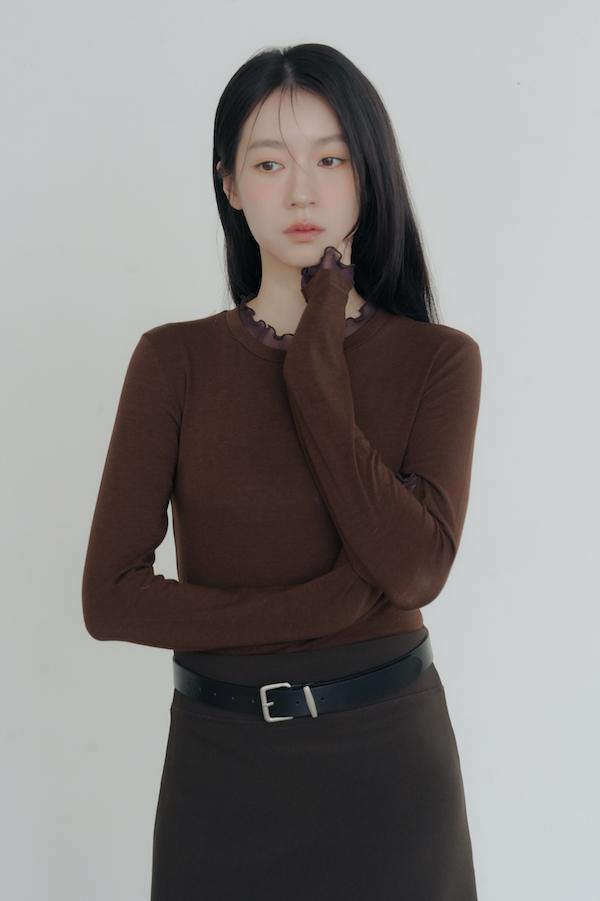 木耳薄紗滾邊天絲上衣(深咖) 