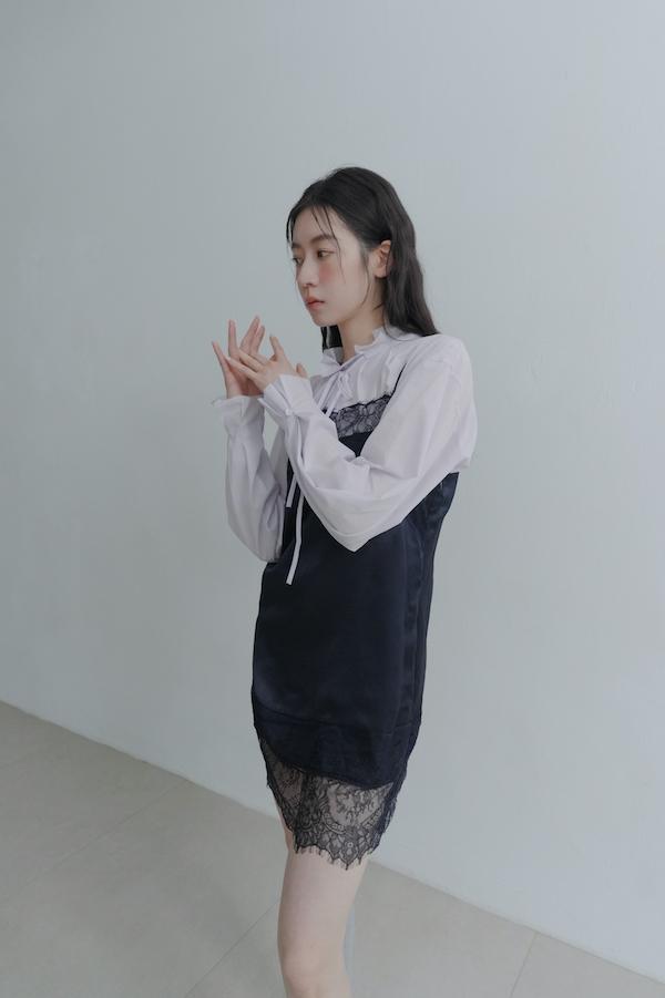 法國蕾絲肩帶緞面裙(黑) 