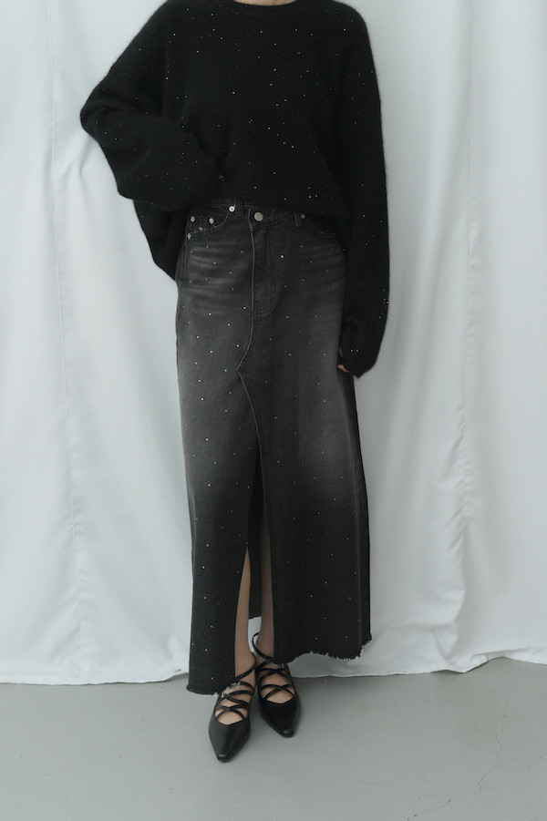 小水鑽開衩牛仔長裙(深藍) 