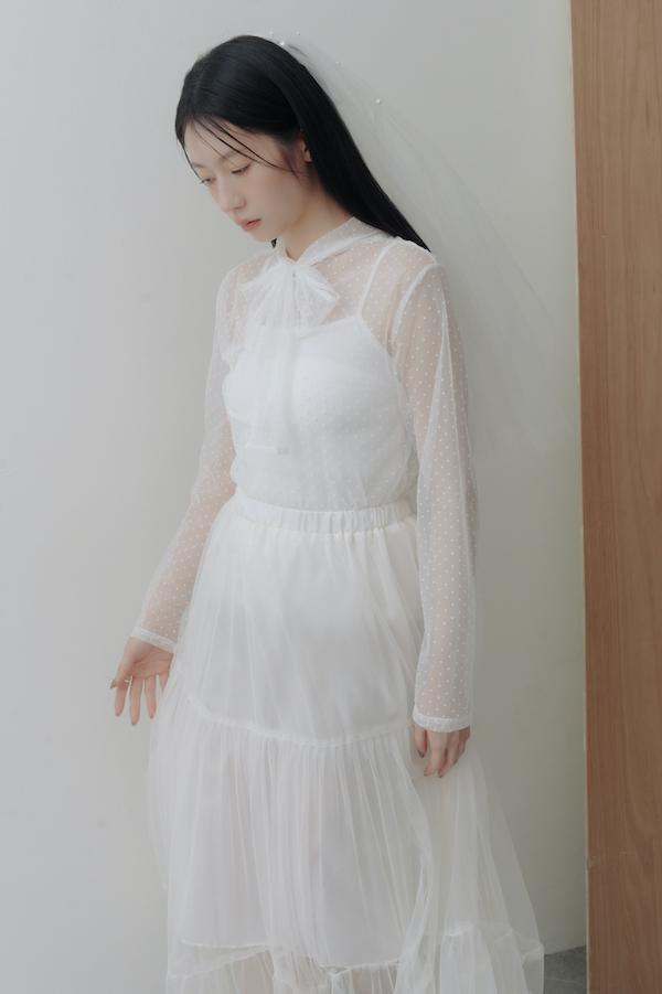 波點透膚感綁帶上衣(白) 