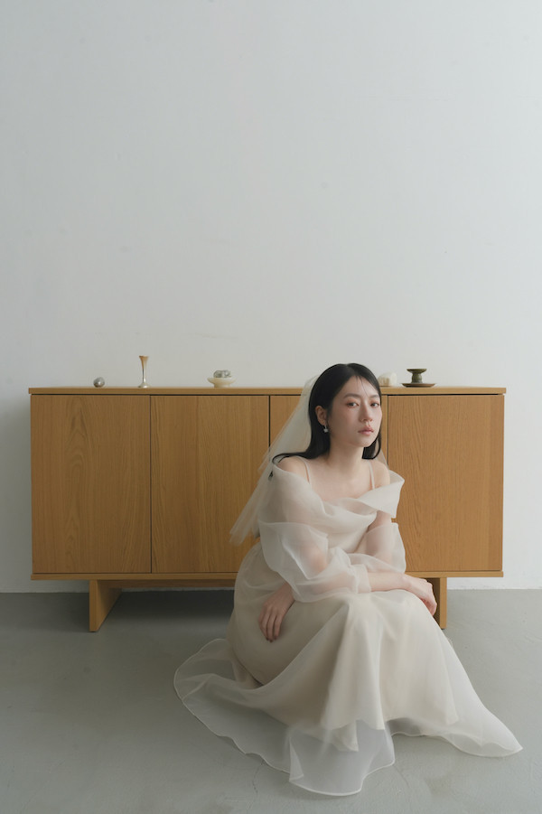 翻領卡肩透紗長洋裝(米) 