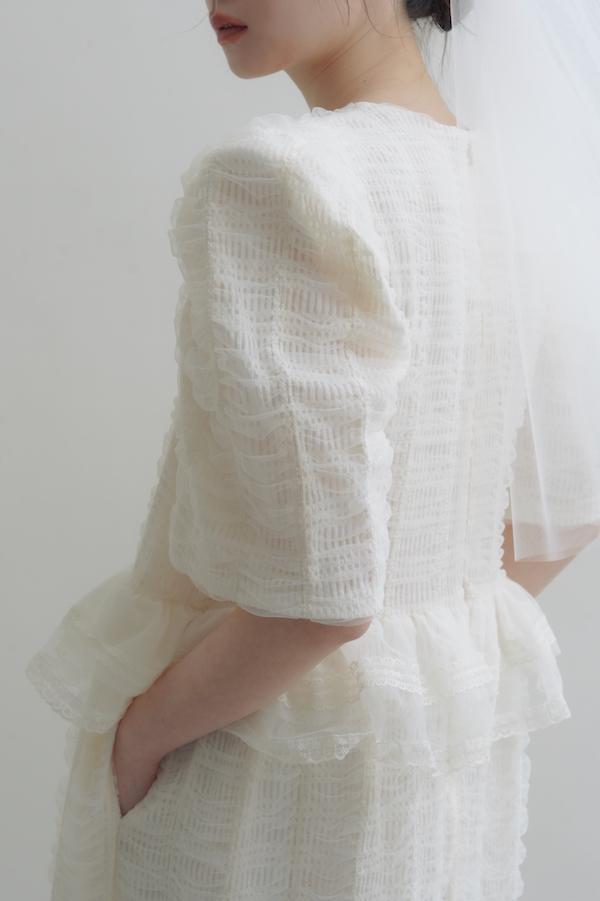 方格紋泡泡五分袖輕婚紗(白) 