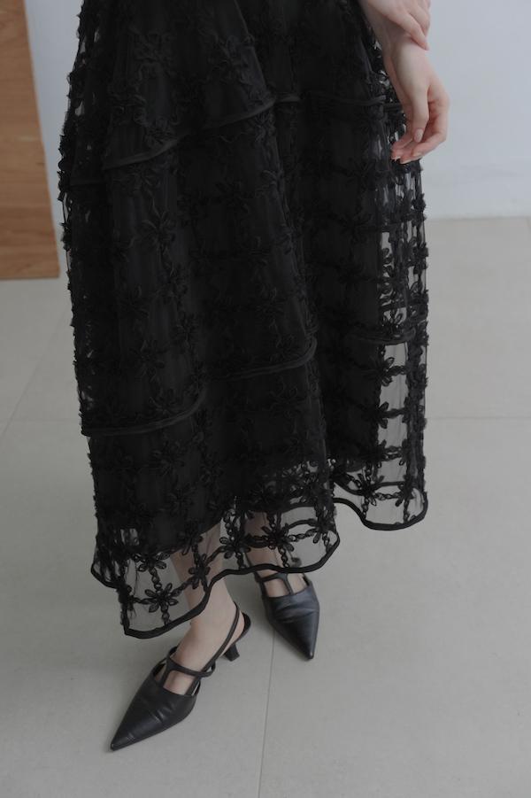 法式立體花朵紗剪裁洋裝(黑) 