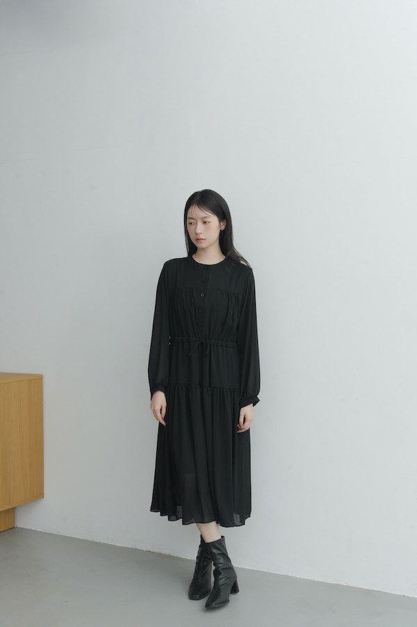 腰部抽繩雪紡長洋裝(黑) 