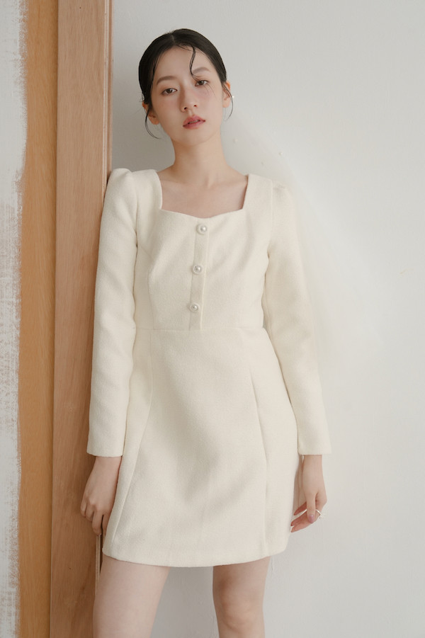 小香風長袖短洋裝(白) 