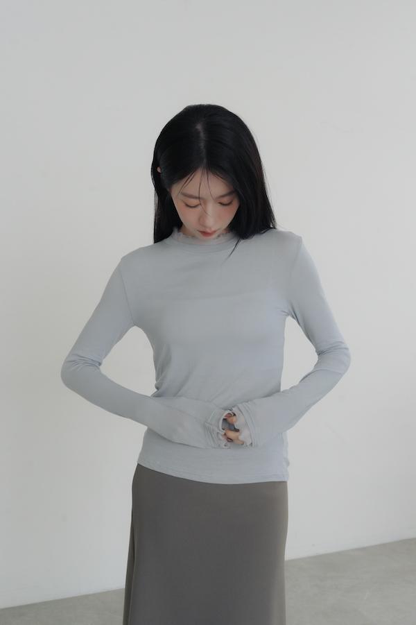 木耳薄紗滾邊天絲上衣(灰藍) 
