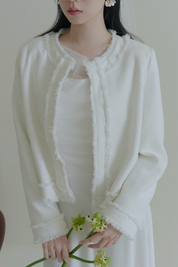 無領毛毛鬚邊外套(白) 