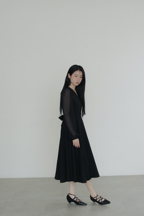 V領雪紡透膚長洋裝(黑) 