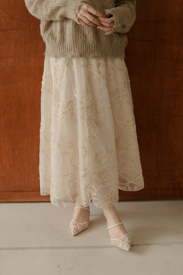 刺繡蕾絲網紗長裙(米) 