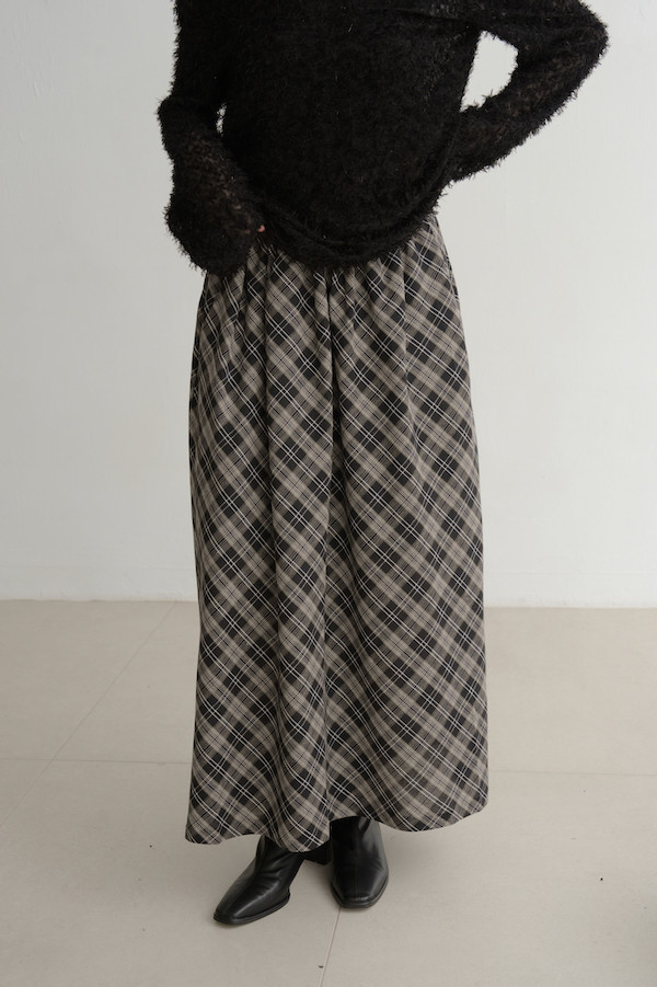 皮革腰封格紋長裙(黑) 