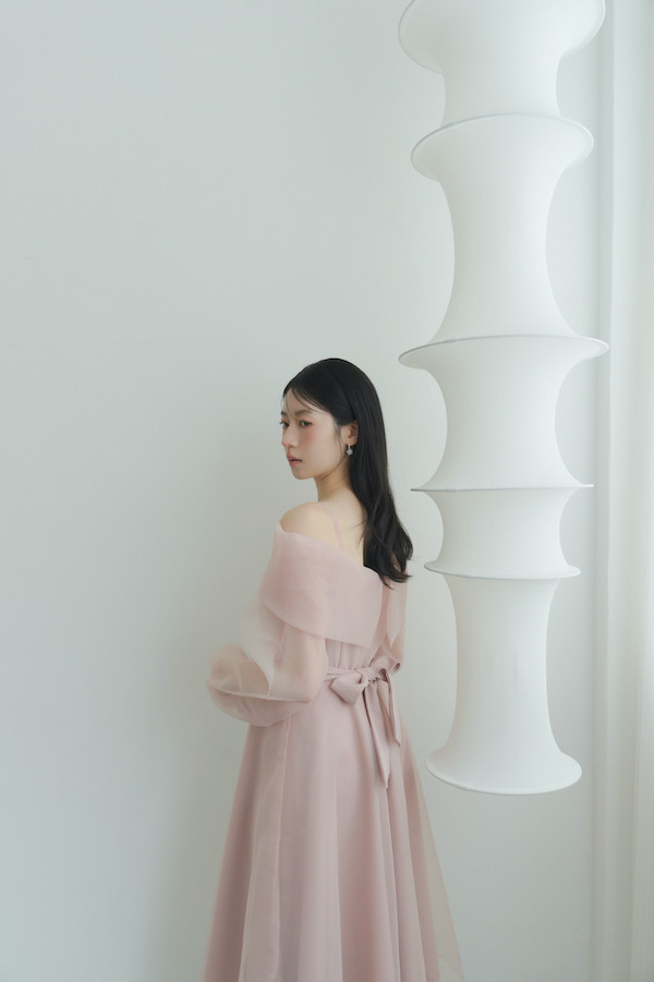 翻領卡肩透紗長洋裝(粉) 