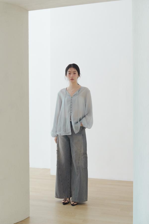 快閃-微透肌直紋天絲上衣(淺藍) 