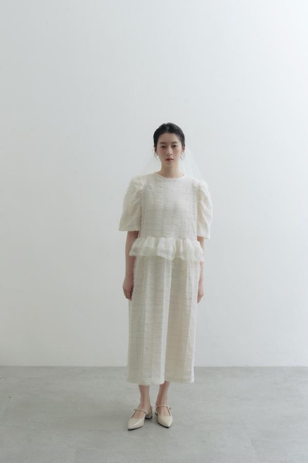 方格紋泡泡五分袖輕婚紗(白) 