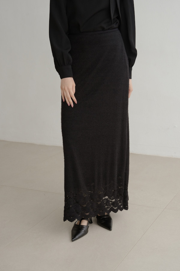 下擺蕾絲彈性長裙(黑) 