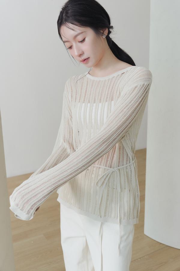 直條紋洞洞針織上衣(杏) 