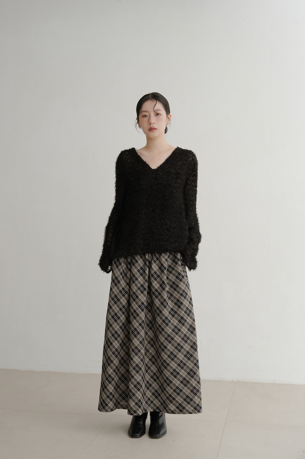 皮革腰封格紋長裙(黑) 