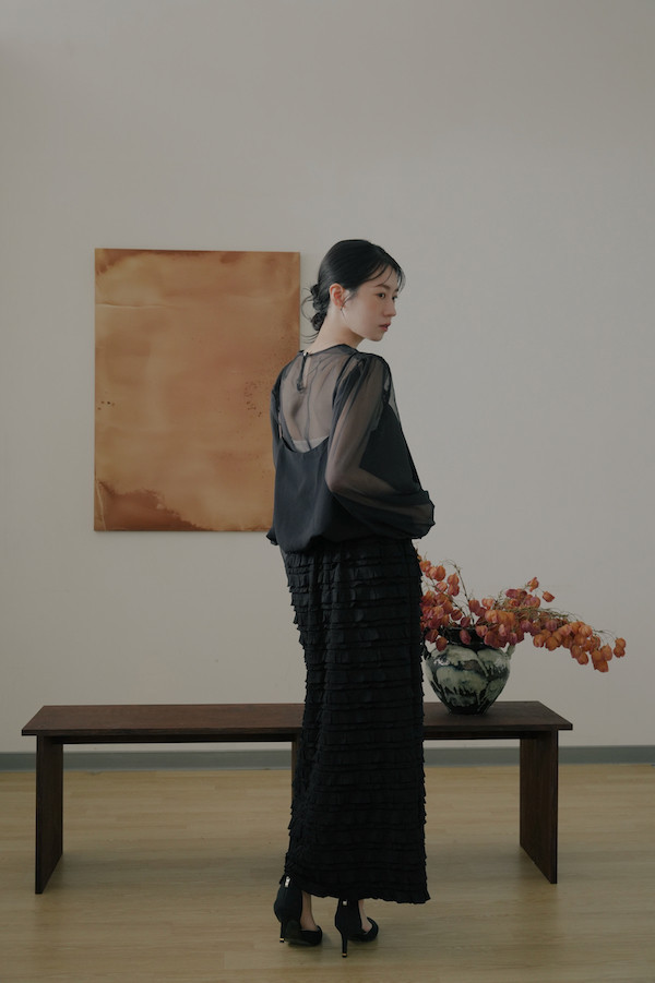 假兩件式透肌花苞上衣(黑) 