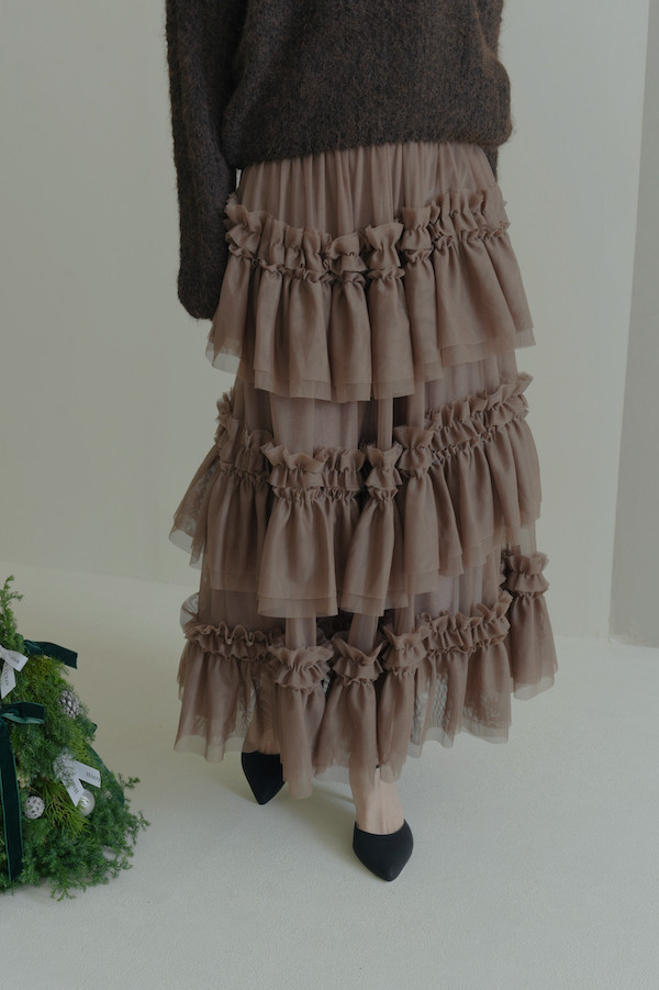 多層次網紗造型長裙(深咖) 