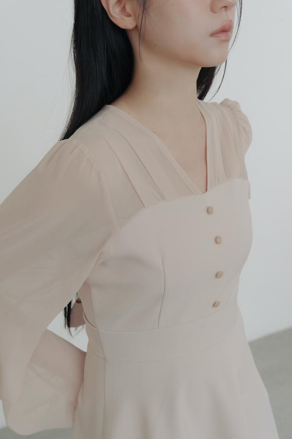 V領雪紡透膚長洋裝(裸膚) 