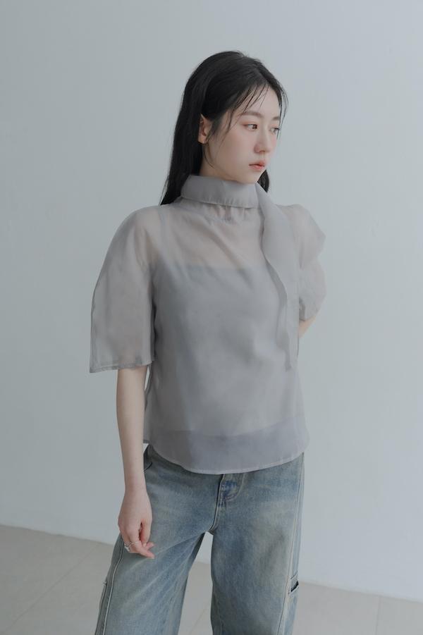 透肌彎弧袖韓系上衣(灰) 