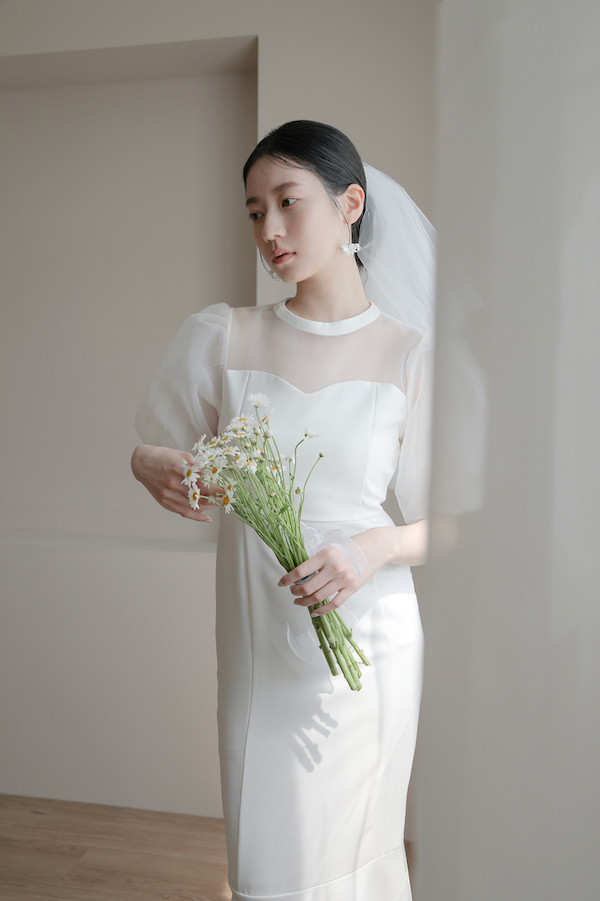 泡泡袖小魚尾輕婚紗(白) 