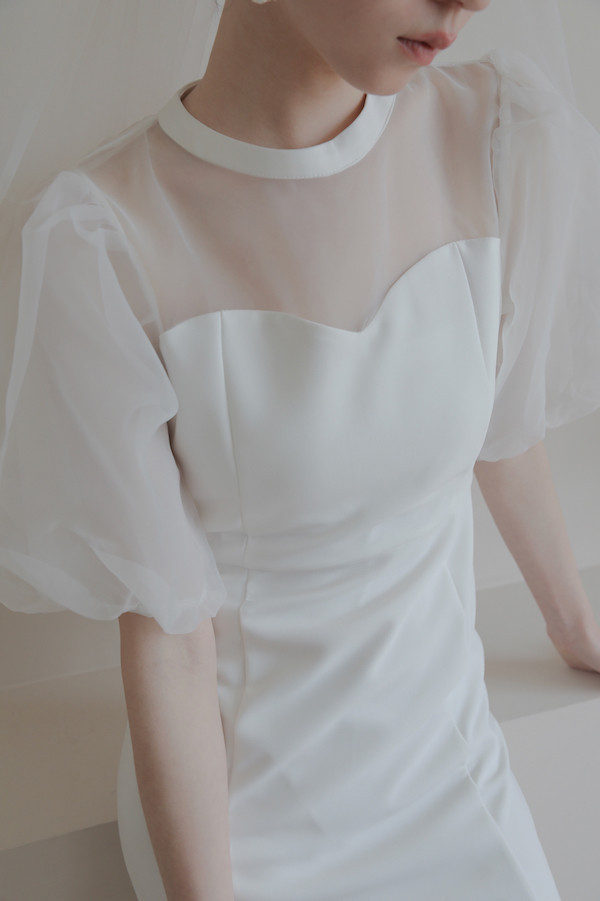 泡泡袖小魚尾輕婚紗(白) 