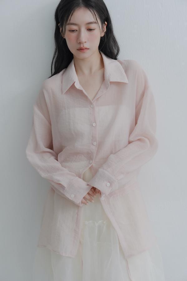 腰部抽繩微透感襯衫(粉) 