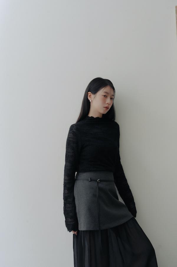 包領花朵蕾絲上衣(黑) 