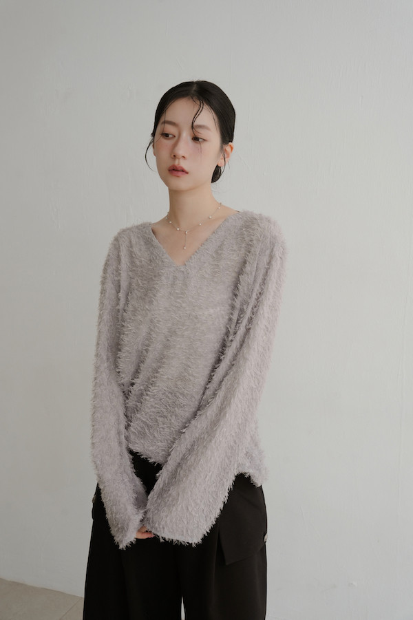 Ｖ領亮亮毛毛上衣(灰) 