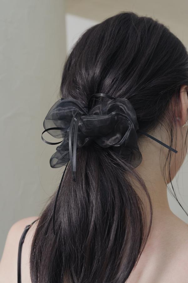 快閃-光澤歐根紗蝴蝶結髮圈(黑/白) 