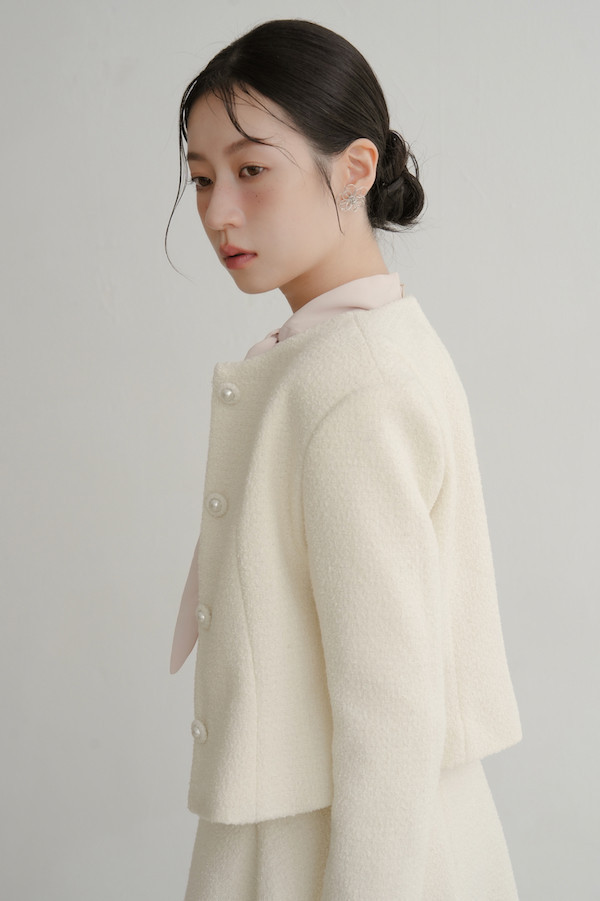 無領小香風長袖外套(白) 