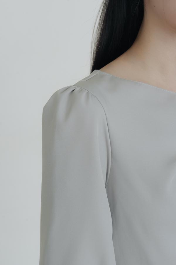 領口扭結七分袖洋裝(灰藍) 