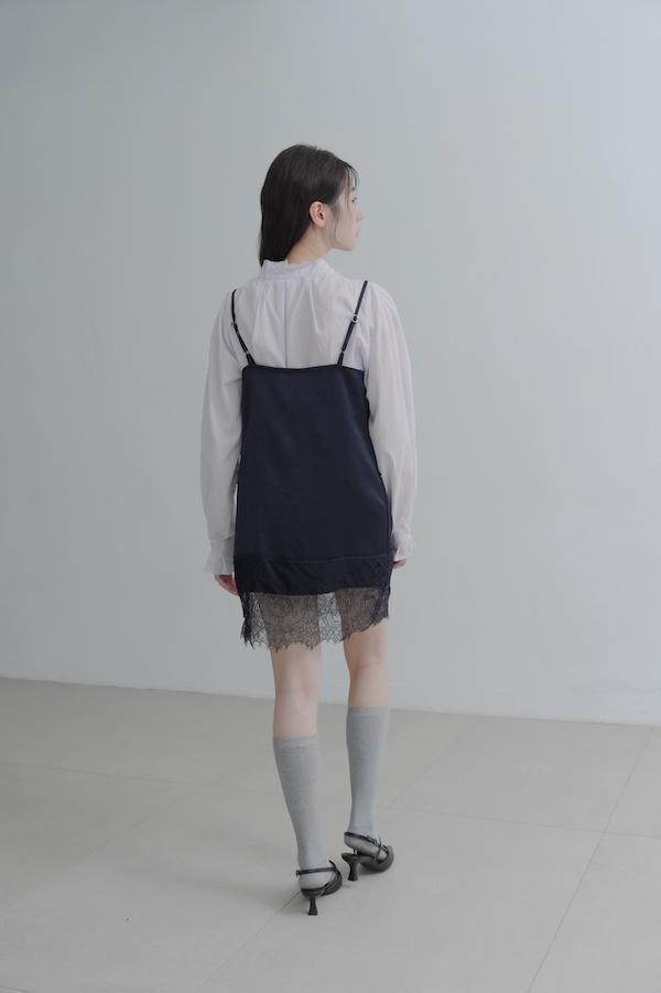 法國蕾絲肩帶緞面裙(黑) 