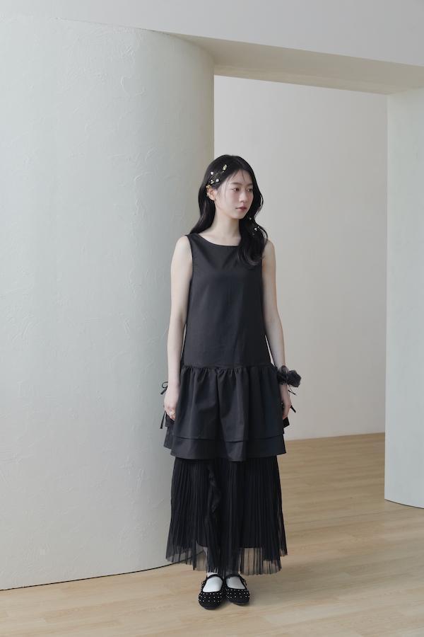 快閃-細百褶紋理蕾絲長裙(黑) 