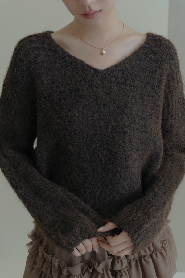 簡約Ｖ領針織落肩上衣(深咖) 